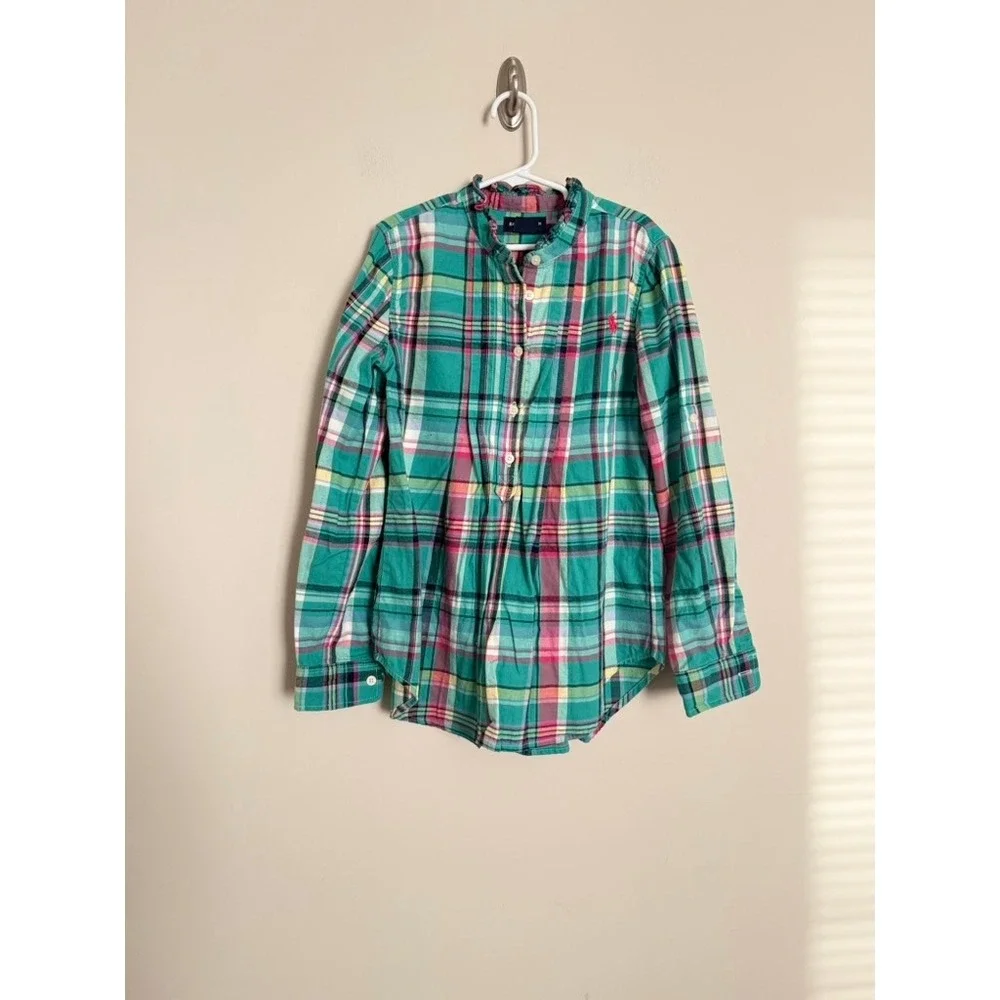 Ralph Lauren Girls Green Pink Plaid Ruffle Collar Button Down Shirt Size 10
